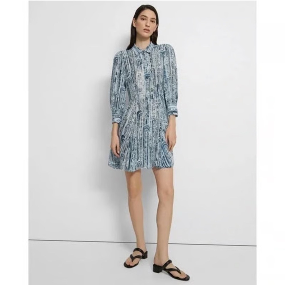 Theory Volume Mini Shirt Dress Sz 0 Blue Cascade Block 100% Silk Fit Flare